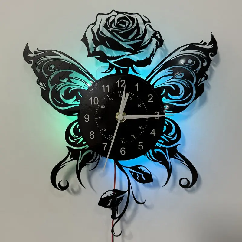 LED Vinyl Wall Clock Vintage Butterfly And Rose Art Pattern Wall Clock LED Backlit Silent Wall Decor For Living Room Bedroom Cafe Office Perfect Christmas Gift For Flower Lovers Home Decor Enthusiasts
