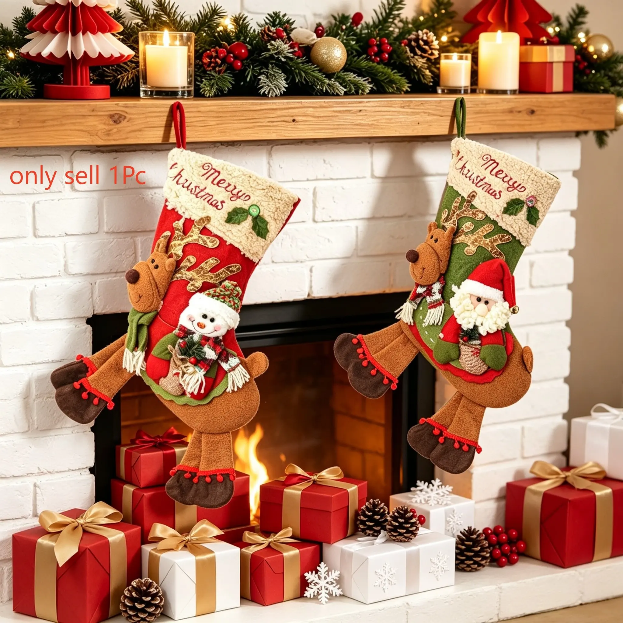 1Pc Cute Reindeer Christmas Stocking  Applique Santa & Snowman Motif, Fireplace Hanging Pouch for Holiday Treats & Small Gifts, Kids Room Ornament, 2026 Xmas Gift, Christmas Home Decorations