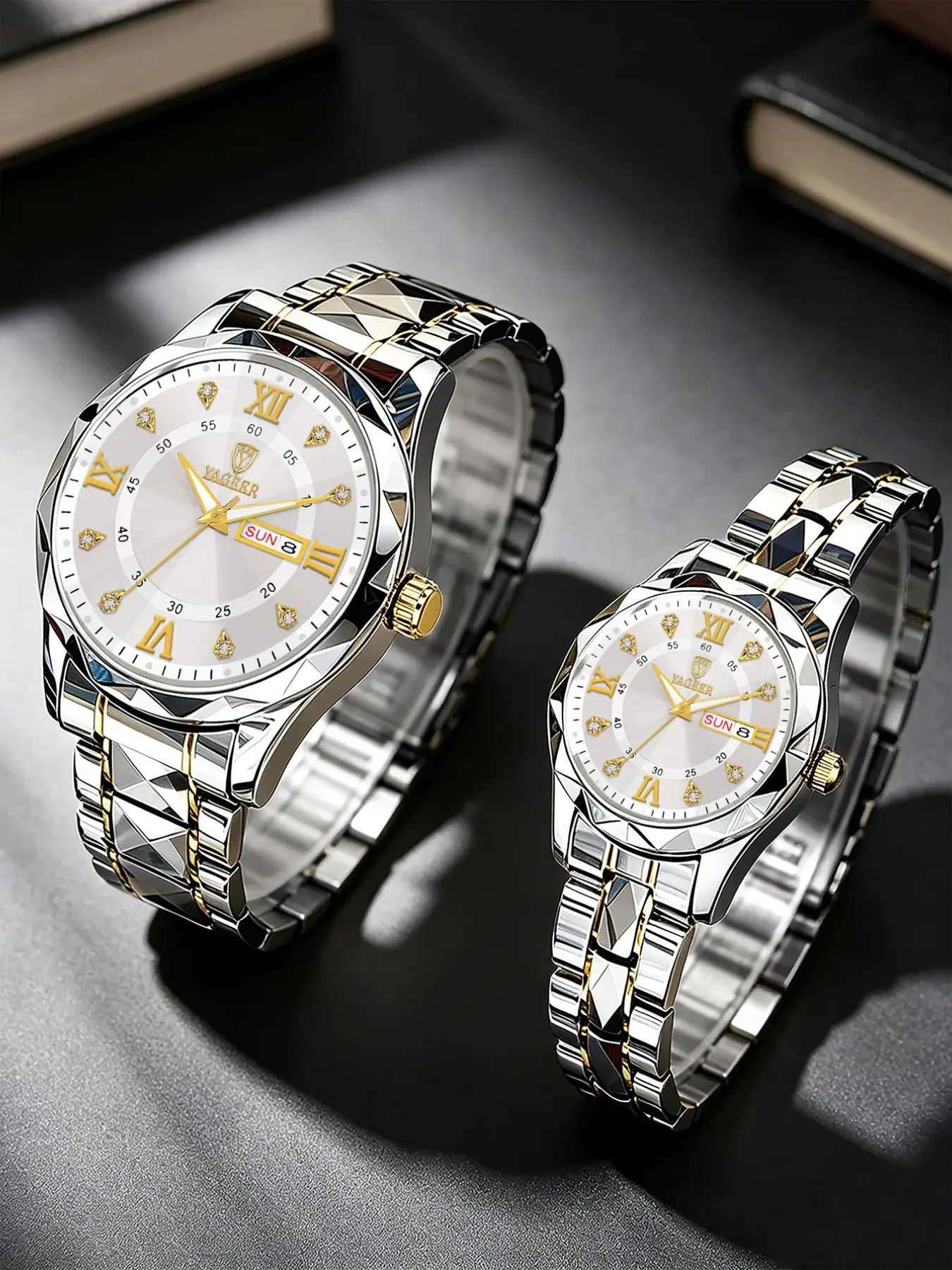 Couple Watch Set, Roman Numerals, Independent Date Display, Night Glow, Silver Color Stainless Steel, Business Style, Perfect Gift