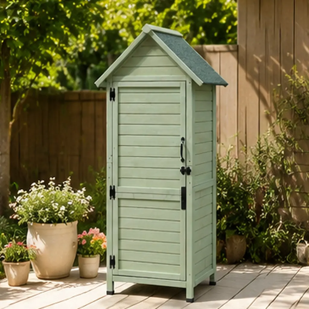 ARCH Outdoor Wooden Storage Shed Tall Narrow Garden Tool Cabinet with Lockable Door & 2 Adjustable Shelves, Waterproof Asphalt Roof Vertical Organizer for Patio Backyard Lawn, Solid Fir Wood Green Finish, Green Color Options, Solid Wood Material, 2-Layer,