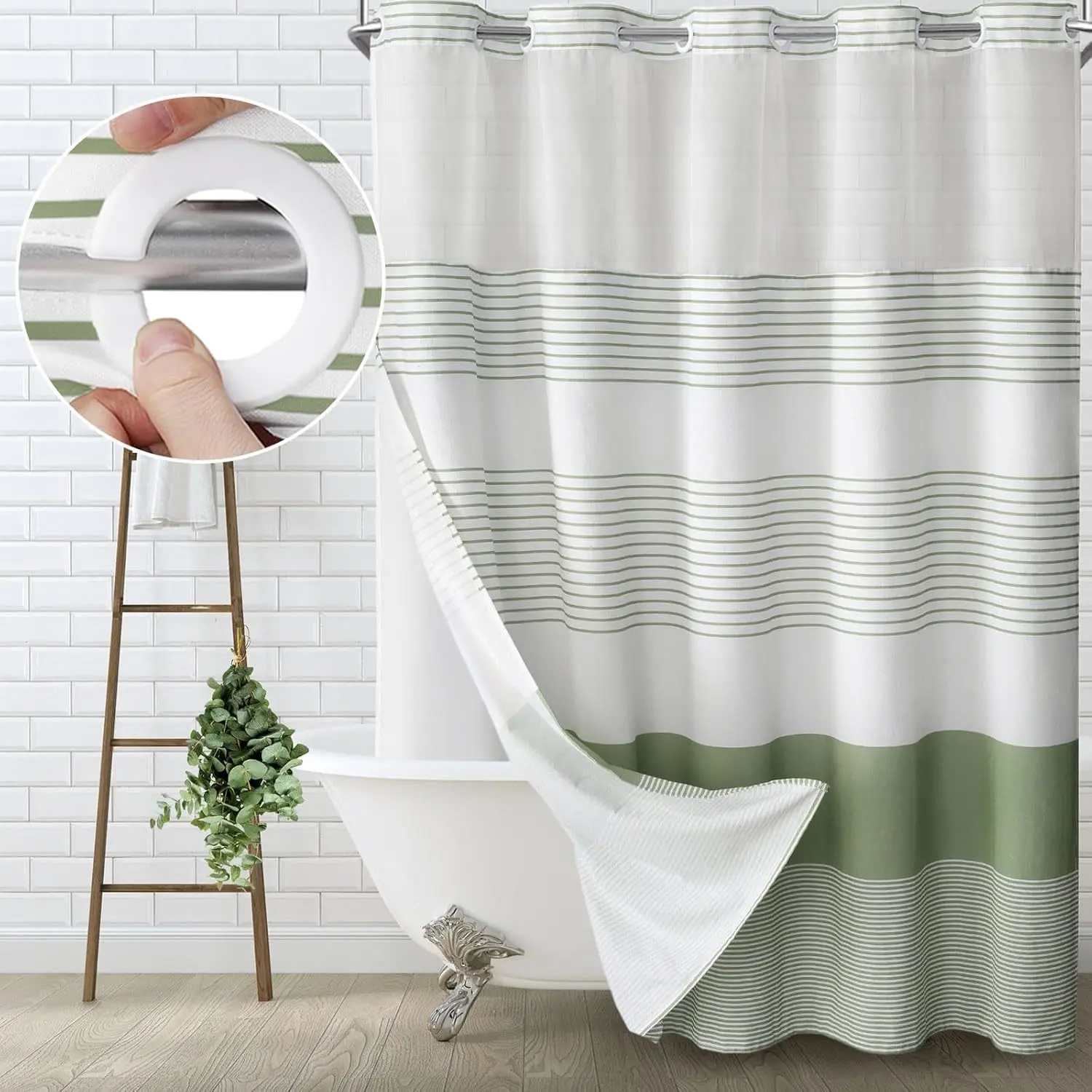 No Hook Double-Layer Shower Curtain Waterproof Poly-Cotton Fabric Snap-In Shower Curtain with Built-in Rings for Bathroom