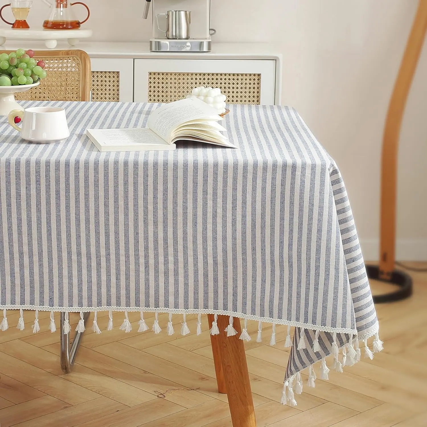 Table Cloth Blue White Striped Tablecloth Tassels Cotton Dust-Table Cover for Dining Coffee Buffet Tables, Parties Indoor Square Tablecloths (36x36 Inch)