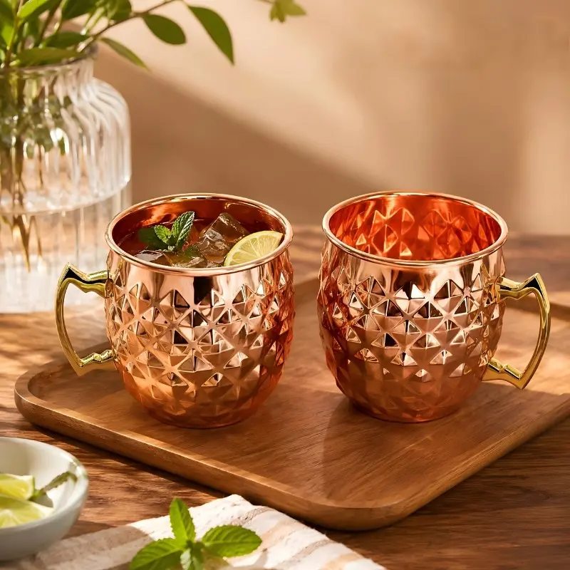 ATAO Diamond Hammer Mule Copper Cup, 16oz/473ml large capacity copper food grade water cup, hand polished and easy to clean, suitable for coffee, tea, milk, juice. A beautiful tableware is a gift for relatives and friends