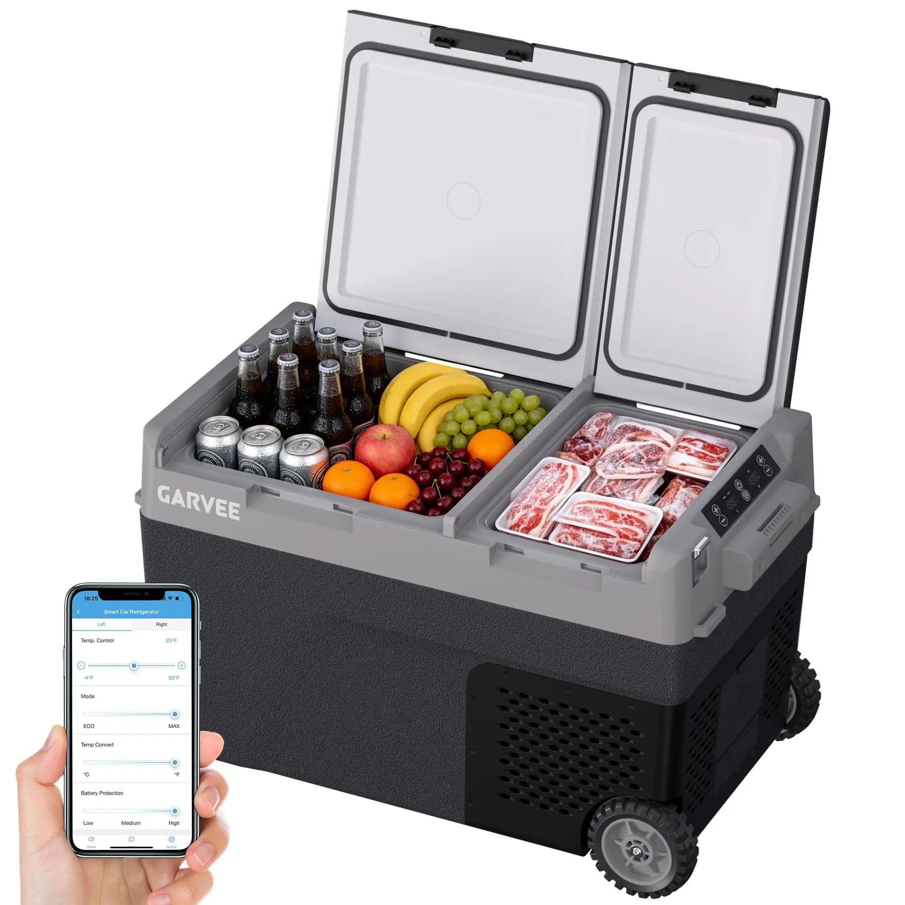 GARVEE 40QT (38L) Dual Zone Portable Car Refrigerator & Freezer, 12V/24V DC Compressor Electric Cooler, Fast Cooling with -4°F to 68°F Adjustable Temperature, LCD Display, Internal Battery-Ready Design (Battery Not Included)