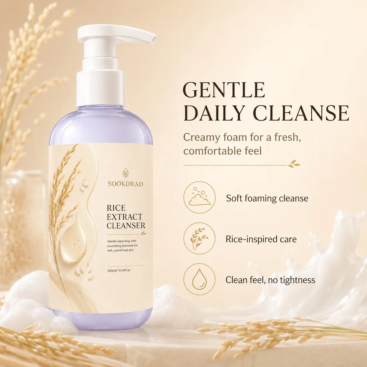 Rice Extract Cleanser, gentle cleansing, nourishing moisture, facial cleanser, suitable for all skin types, daily skincare, 300ml/10.14fl oz