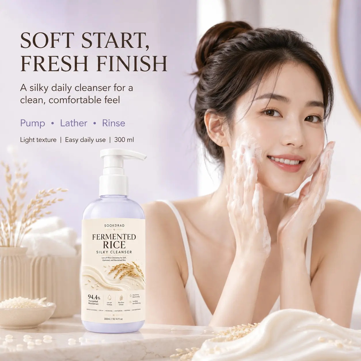 Fermented Rice Silky Cleanser, contains 94.4% fermented rice extract, rice bran extract, low pH formula, gentle cleansing, moisturizing, soothing, skin-softening, for facial care, 300ml/10.14 fl oz