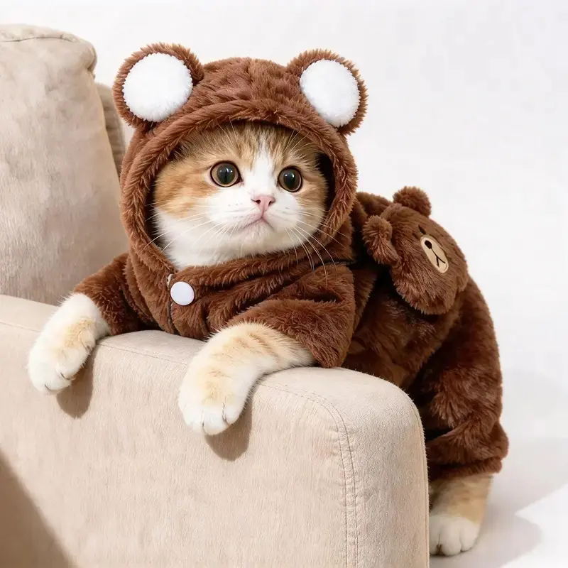 Pet Cartoon Bear Plush Hooded Coat Sweater - Cute Kitten Clothes Warm, for Pet Apparel for Small-Medium-Sized Dogs & Cats 1-Piece Halloween Costume, Holiday Party Outfit, Winter Pet Christmas Gift
