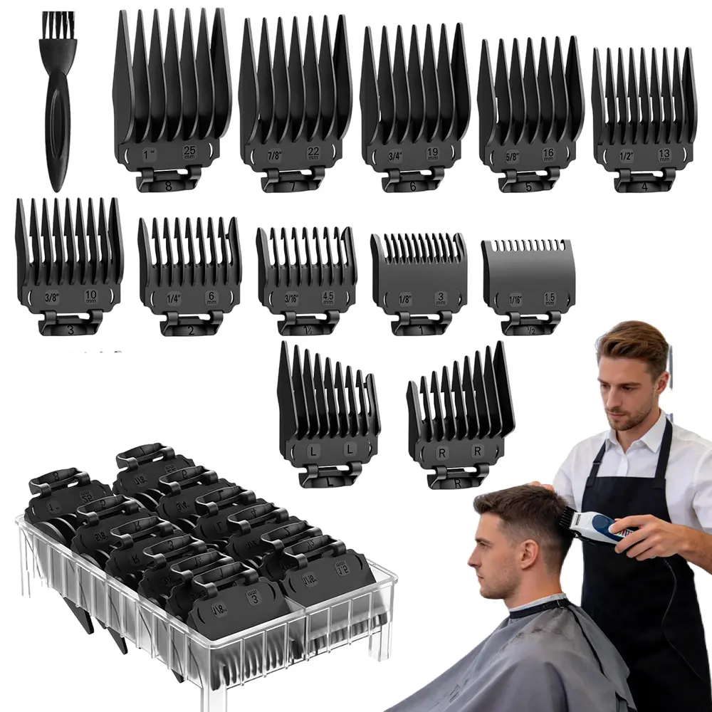 14Pcs Black Hair Clipper Guards Set with Storage Organizer & Cleaning Brush, 1/16'' to 1'' Cutting Length Nylon Trimmer Guide Combs, Universal Replacement Hair Cutting Accessories for Standard Full-Size Clippers