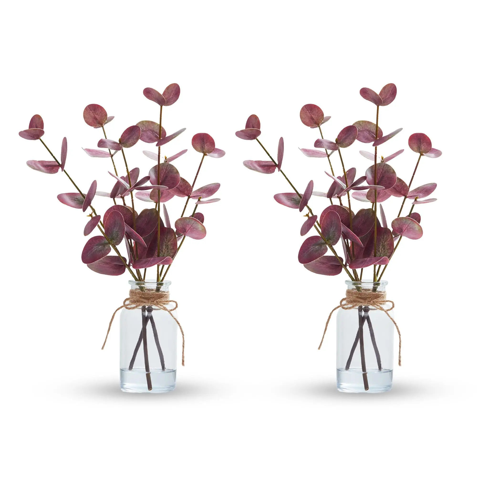 Decorative Silk Eucalyptus Stem Set (2 Pcs, 13in) - Realistic Sage & Gray-Green Double-Sided Leaves, Glass Vase with Faux Water, Elegant Faux Floral Arrangement for Home Decor, Gray-Green Eucalyptus Leaves