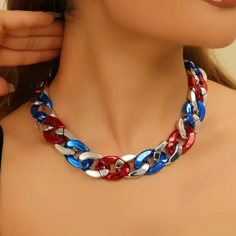 Acrylic Heart Necklace with American Flag Pattern, Patriotic UV Color Pendant for Women, Casual Daily Independence Day Jewelry, Female, Elegant, All Seasons, Usa Flag Style, Metal, Universal, Us Pride / Nation Pride, Women's Fashion, Heart Shape, Metal Ch