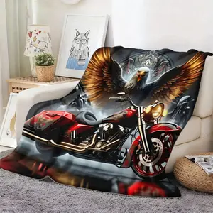 1pc Eagle Wings Motorcycle Emblem Flannel Blanket - Motorcycle-Themed Bedspread Suitable for Sofa, Bed, Camping & Travel - All-Season Cozy Gift for, Machine Washable Warm Bed Covering