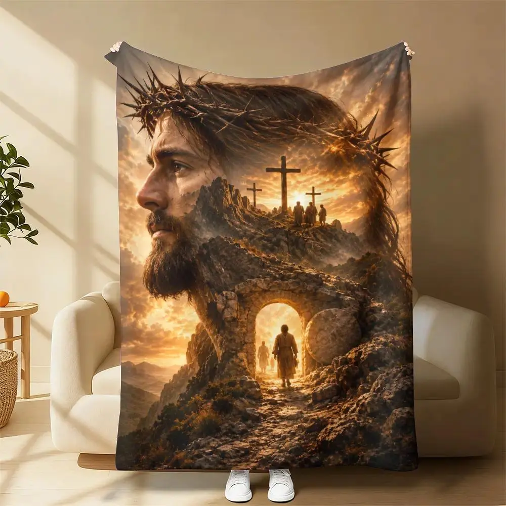 Soft Cozy Flannel Throw Blanket - Jesus Crown of Thorns, Cross, Empty Tomb Religious Christian Plush Warm Lap Blanket, Faith Spiritual Sunset Mountain Home Decor, Perfect Easter Gift For Believers, Throw Blankets