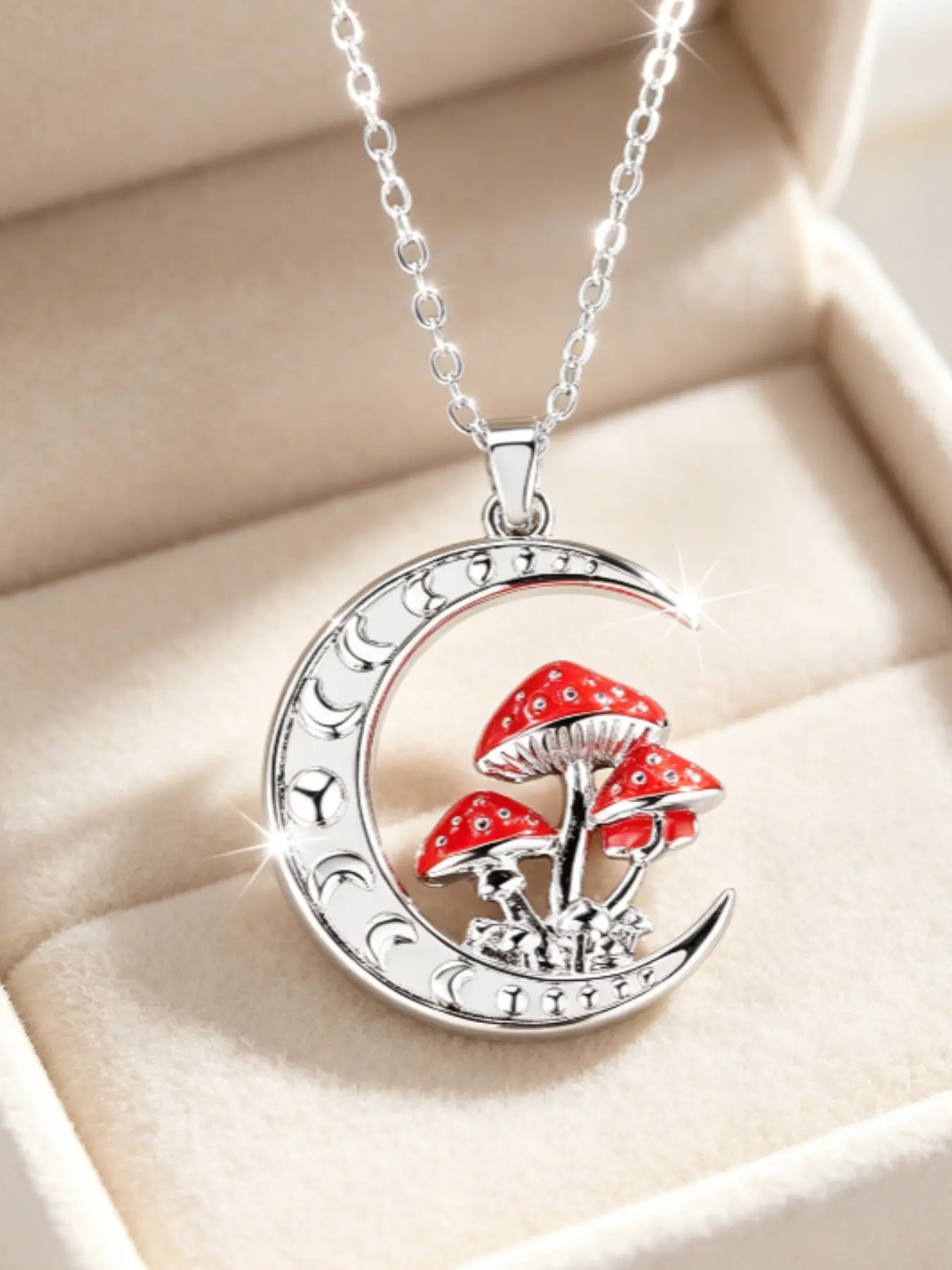 Adorable Summer Moon Mushroom Silver Color Necklace, Unique Design, Perfect for Daily Wear, Dates, Travel, Unisex Jewelry