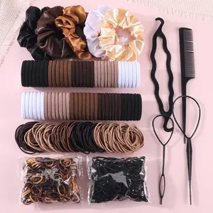 Neutral Brown-Black-White Hair Accessory Set - Satin Scrunchies, Thick Elastic Ties, Small Rubber Bands, Styling Tools for Daily Hairstyling