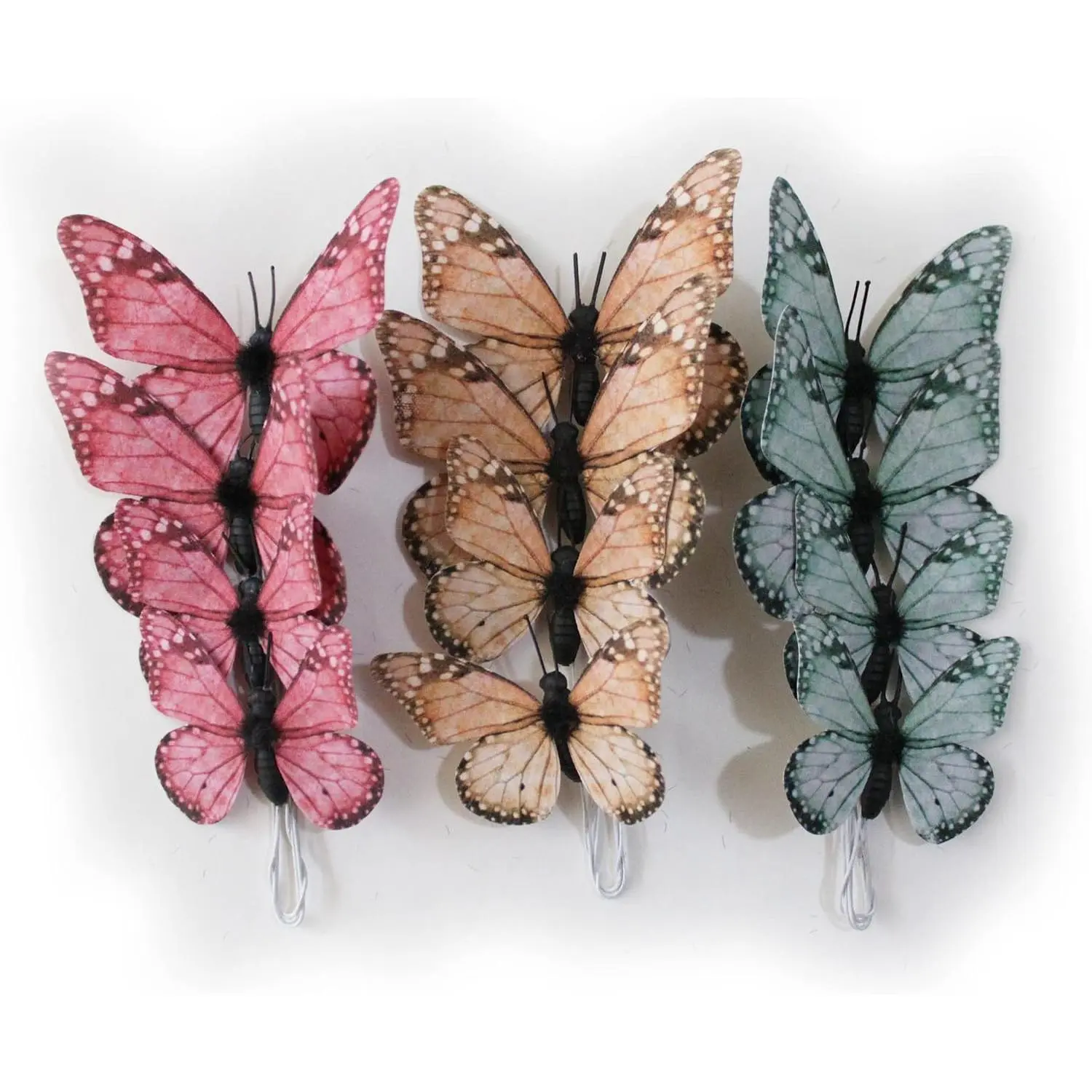 Butterfly Decor 12 count 2Sizes,  Faux Butterflies (Retro) | Poseable Fabric  | Flexible wire stems attach anywhere | Bedroom accent | Dining room centerpiece | Party decor | Crafts