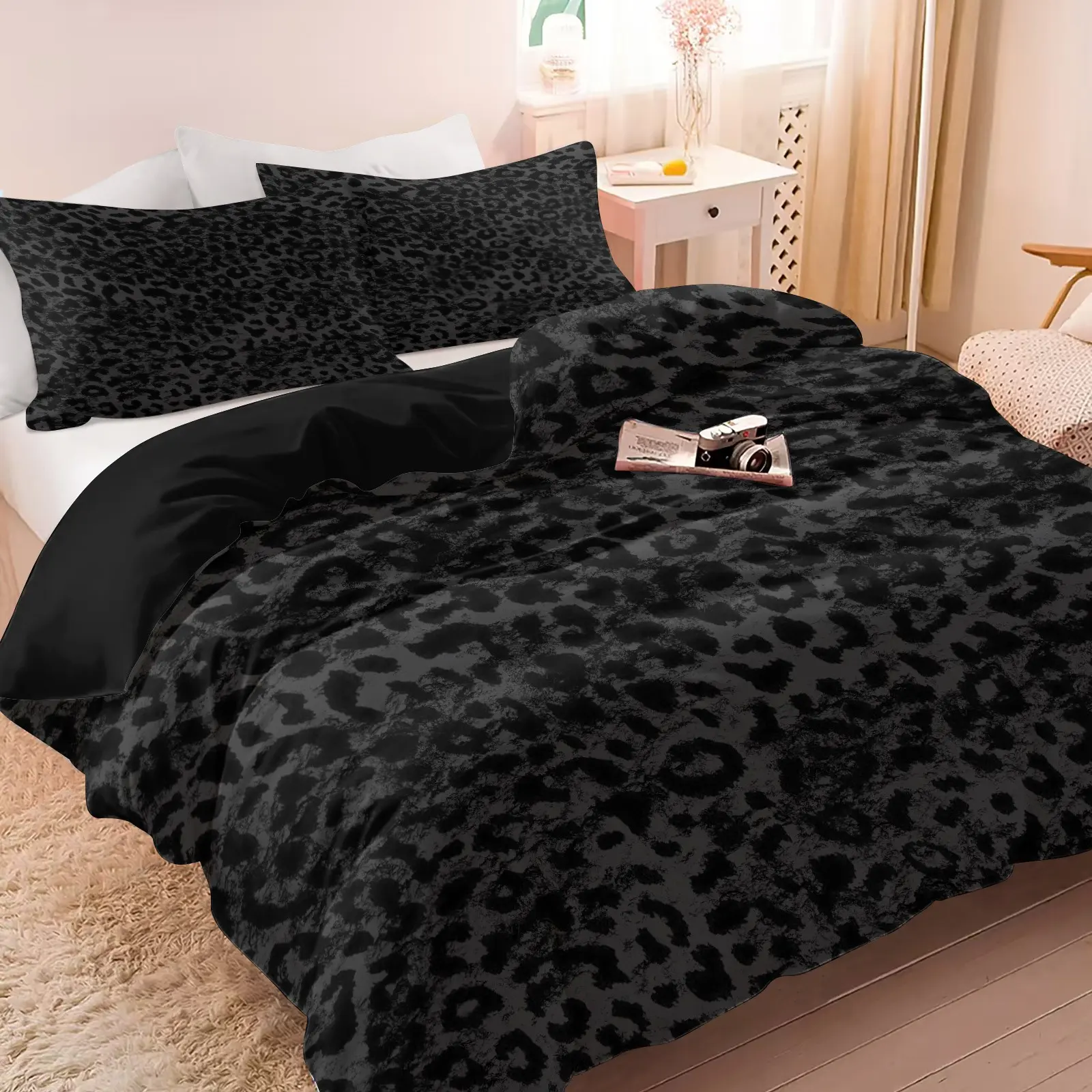 Vintage Dark Grey Black Leopard Print Duvet Cover Set (1 Duvet Cover + 1-2 Pillowcases), Soft Skin Friendly Breathable Bed Linen, Distressed Monochrome Leopard HD Vivid Printed Bedding Set, Dark Grunge Edgy Bedroom & Dorm Home Decor