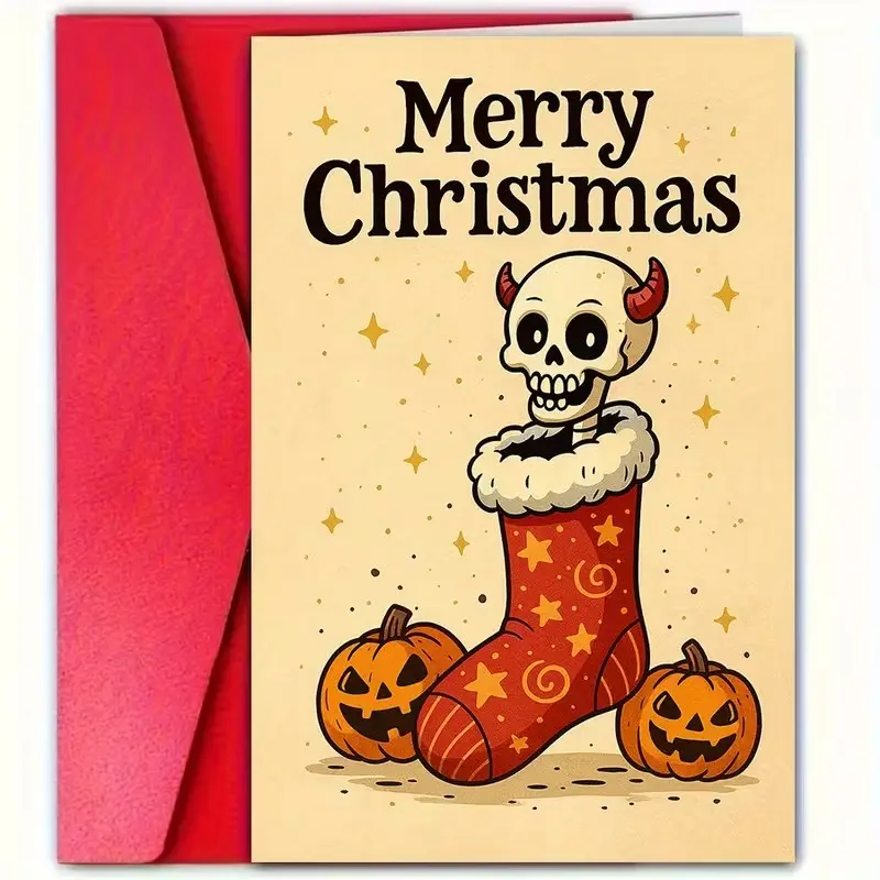Funny Spooky Christmas & Halloween Card, Gothic Skeleton & Jack-O'-lanterns, Humorous Holiday Greeting Card for Friends