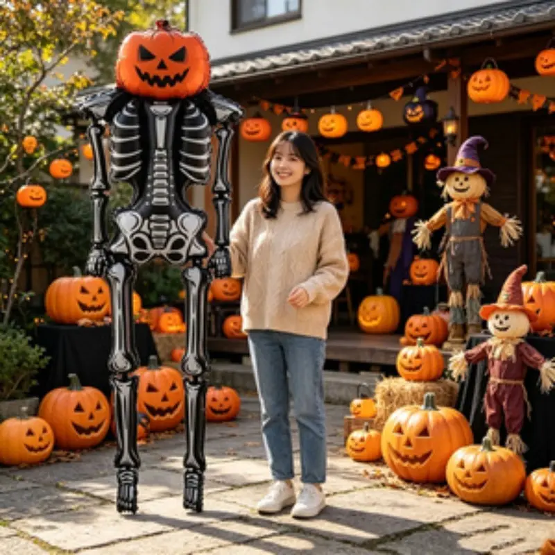 3-Piece 255cm Super Giant Pumpkin Skull Inflatable Balloon Set, Halloween Decor, Party Photo Props, Outdoor Garden Decoration