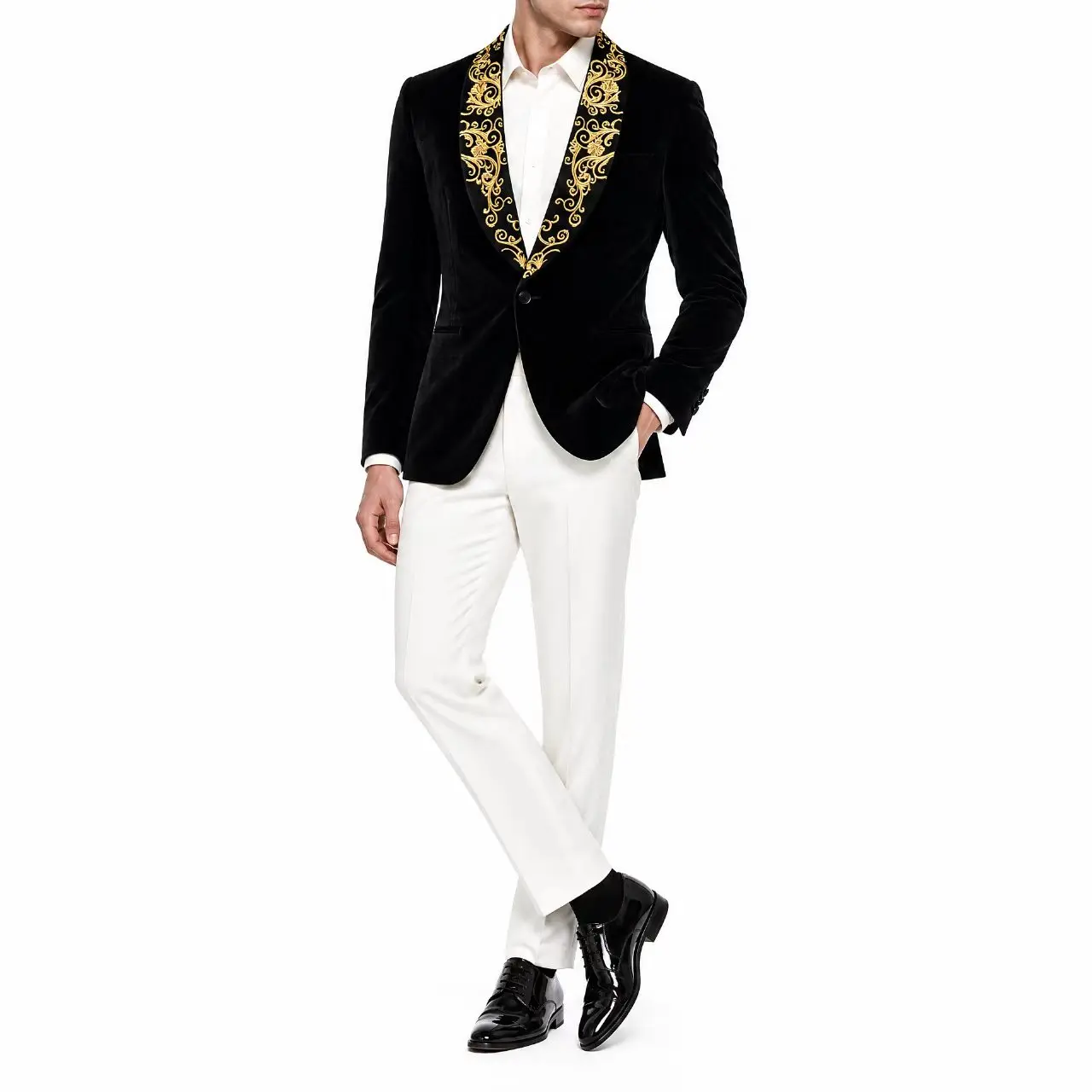 Red Carpet Style Black Velvet Blazer, Elegant Gold Shawl Lapel Embroidery Formal Tuxedo Jacket for Men, Only Jacket