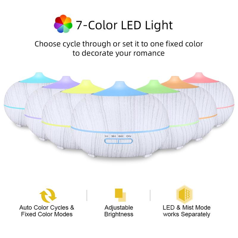 Wood Grain Essential Oil Diffuser (550ml) w/ Remote, 7 Color LED & 6 Premium Oils  Perfect Relaxation Present