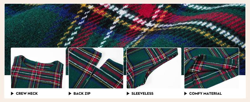 Women's Plaid Christmas Dress Mini Sleeveless Round Neck A Line Short Xmas Party Dresses