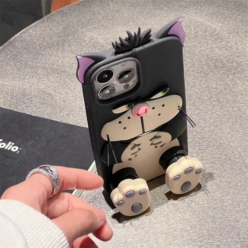 Cartoon Cat Silicone Stand Phone Case For iPhone 11 12 13 14 15 16 17 Pro Max, Cute Shockproof Protective Case