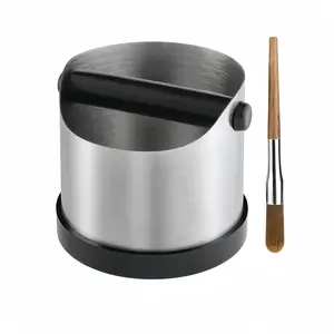Coffee Grounds Knock Box, Small Stainless Steel Espresso Coffee Knock Box, Coffee Grind Knock Out Box with Removable Knock Bar and Coffee Brush, Coffee Grounds Container with Non-Slip Base