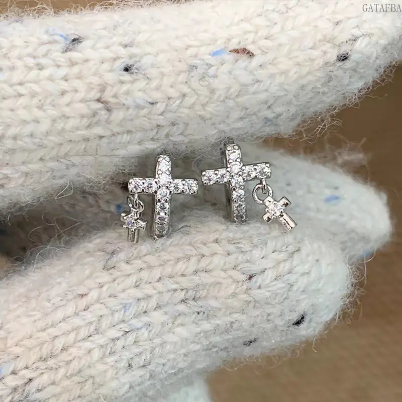 Women Sparkling Cross Hoop Huggie Earrings Dainty Minimalist Sweet Cool Unique Cartilage Ear Rings Lightweight Versatile Ear Jewelry for Daily Date Street Party Occasions