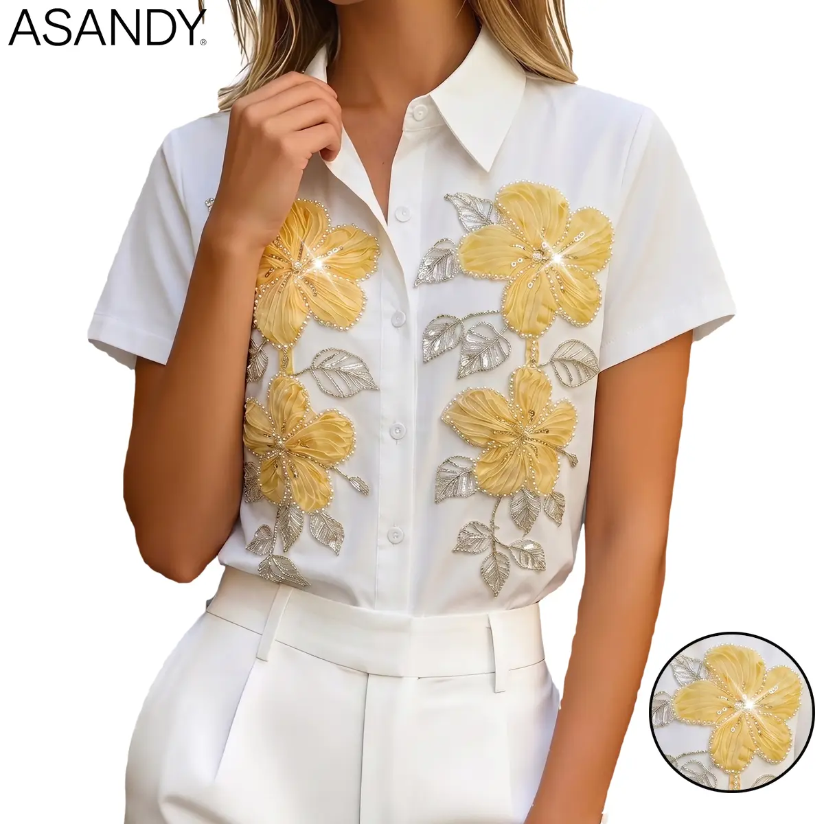 ASANDY Women's Baggy Oversize 3D Floral Beaded Embroidered Button-Down Shirt, Short-Sleeve Collared Comfortable Casual Everyday Blouse with Rhinestone Applique for Summer, Style, Jeans, Lady, Elegant, Oversized, Trendy Blouses, Short Sleeves, Style Inspo,