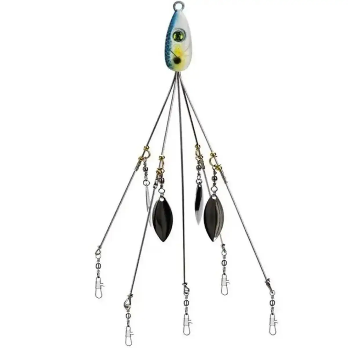 5-Arms Umbrella-Style Lure Rig with Willow-Leaf Blades, Sturdy Smooth Design, School Mimicry Feature for Freshwater Lake & Stream Fishing, Suitable for Beginners Targeting Trout, Salmon, Saltwater Use