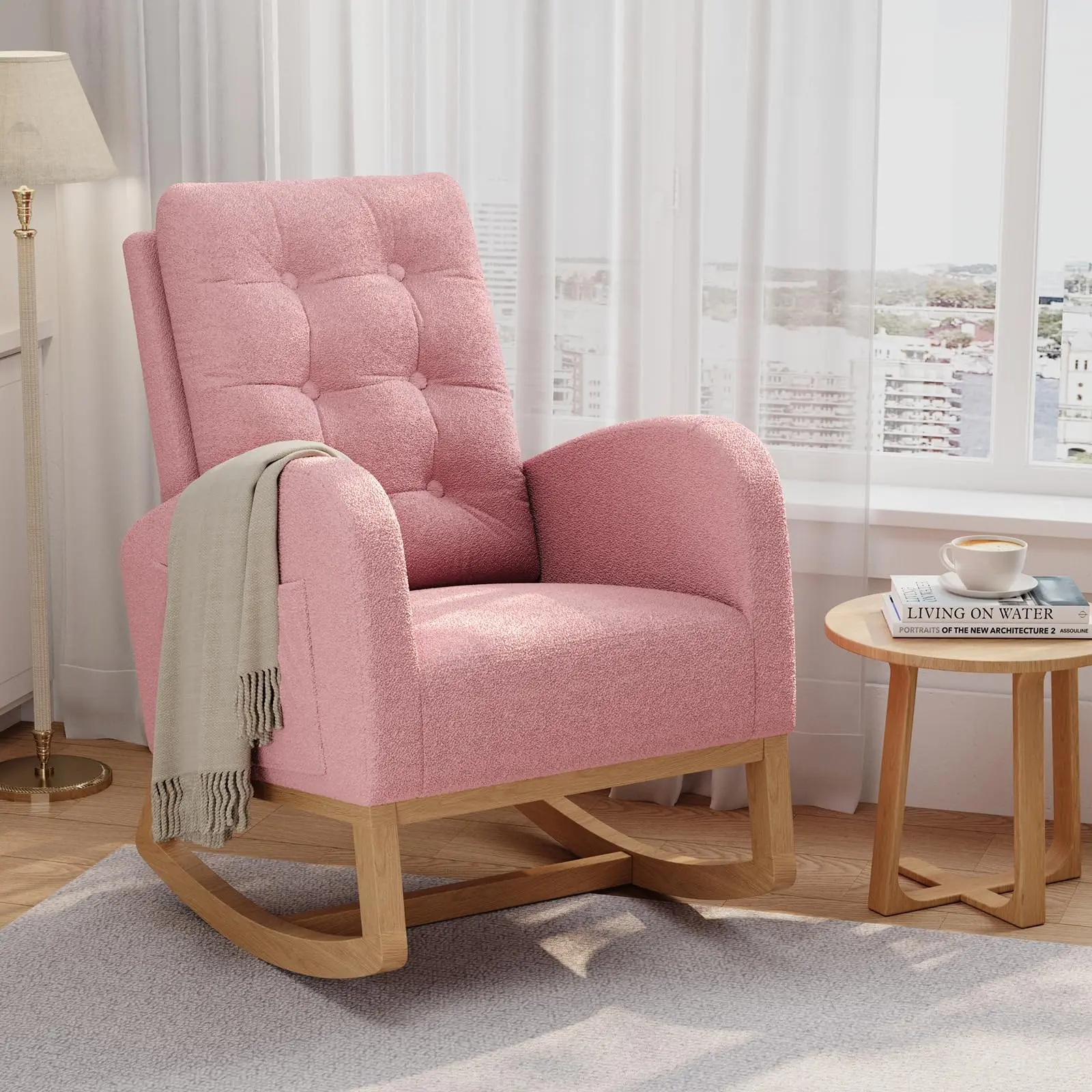 High Backrest Rocking Chair for Living Room – Adjustable Footrest, Sturdy Wooden Legs, PU Leather or Soft Fleece Upholstery, Comfortable Glider Armchair