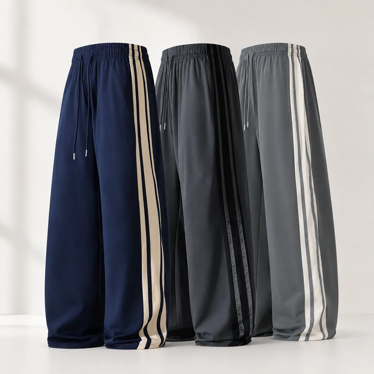 Men’s Wide Leg Track Pants with Contrast Side Stripes, Elastic Waist Drawstring Casual Pants, Loose Fit Full Length Streetwear Pants for Daily Wear, Lounge Outfits, Weekend Style and Relaxed Urban Looks