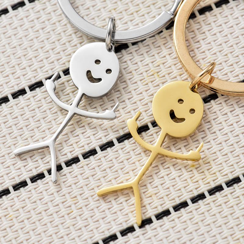 Funny Doodle Stick Figure Keychain, Cute Smiley Face Stainless Steel Charm, Minimalist Cartoon Bag Accessory for Kids & Adults