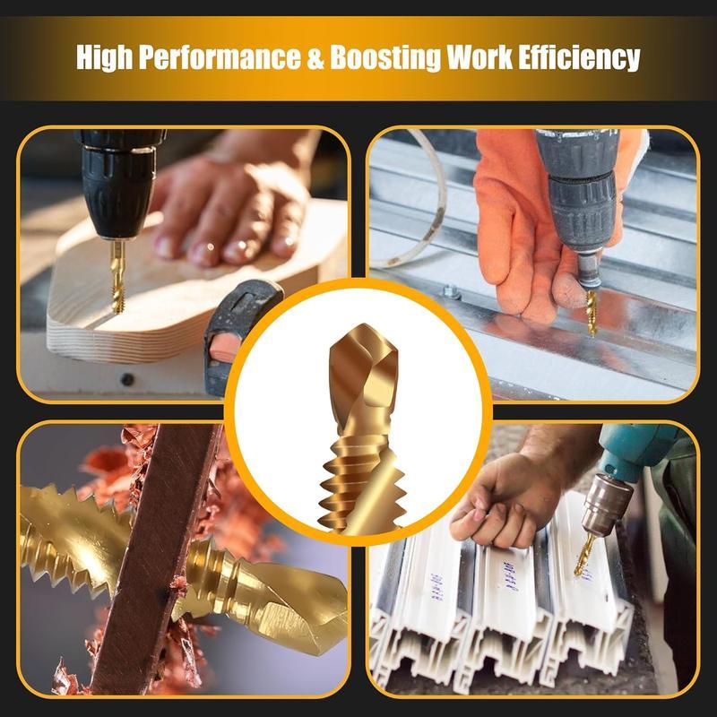 New 6 Pack Titanium Coated Drill and Tap Set Professional Thread Tap Drill Bit Set with 1/4" Hex Shank for Woodworking & Metalworking