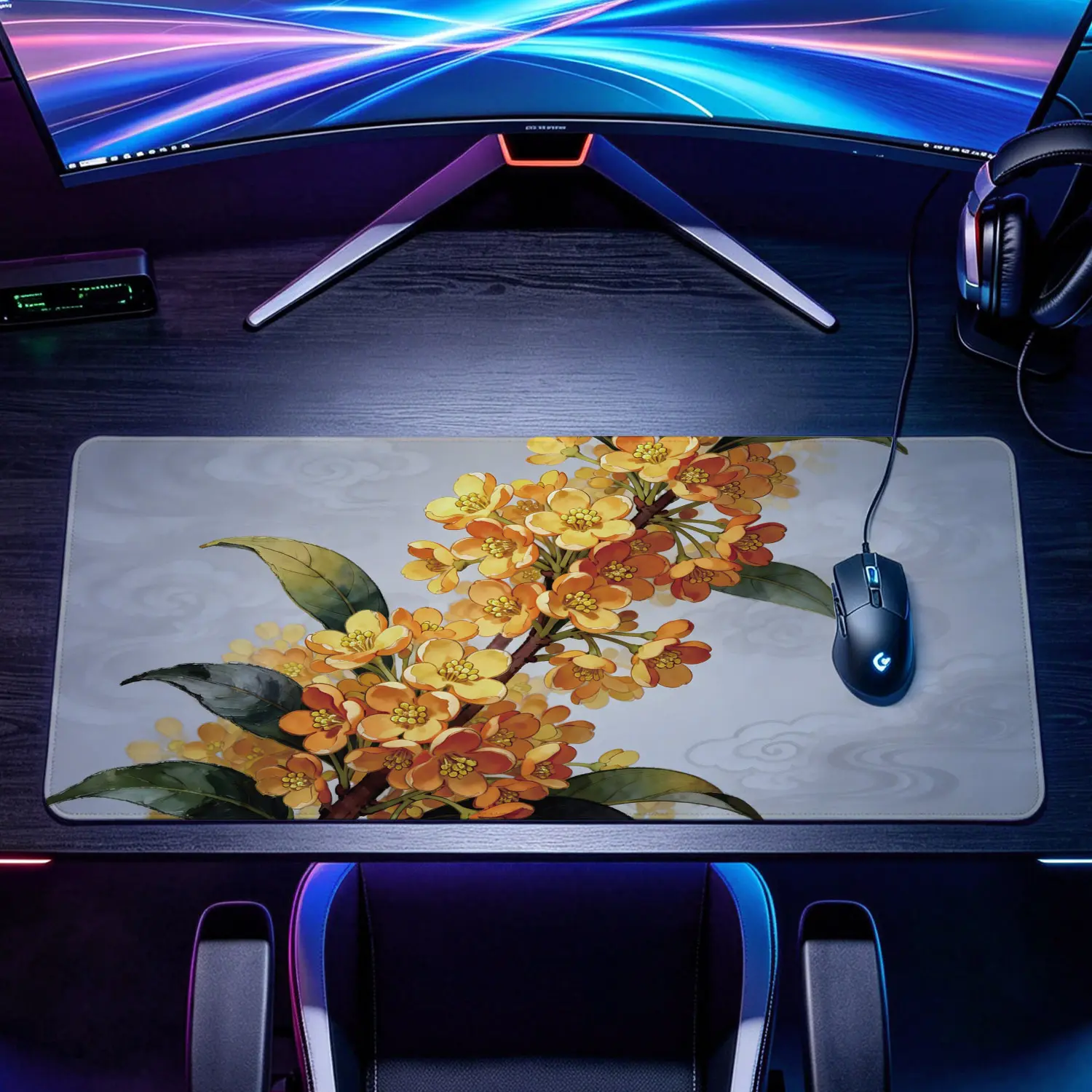 Extra Large yellow osmanthus flower branch art Mouse Pad,Non Slip Rubber Pad,Desktop Decoration Drotection Pad,Washable,Lock Edge Multi Size,Premium Multipurpose Mousepad For Home,Office,Gift for Family and Friends