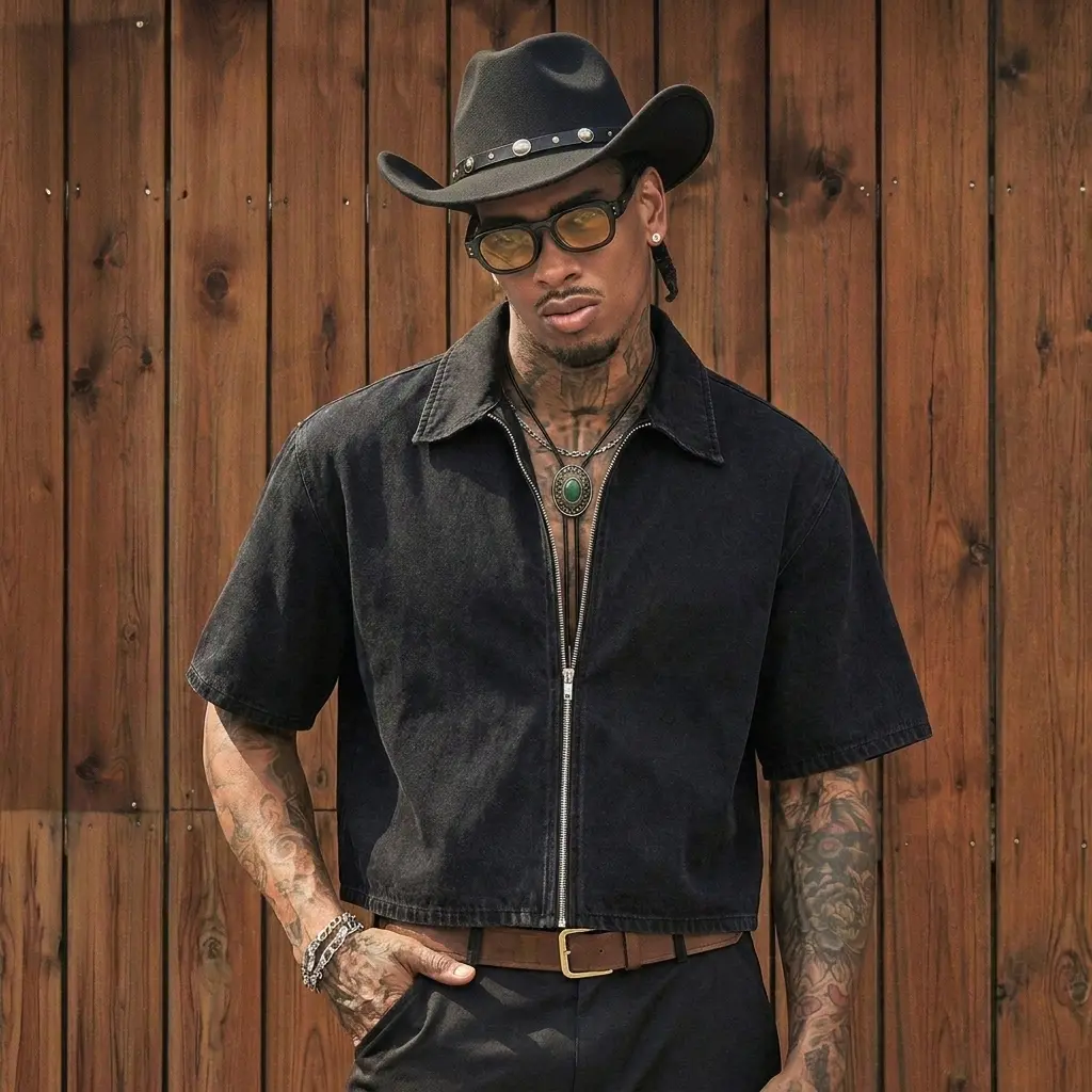 Men's Western Retro Cowboy Faded Black Cropped Full-Zip Woven Denim Shacket - Oversized Boxy Short Sleeve, Classic Point Collar, Stitch Accents, Ring Details, Menswear Streetwear Crop Top for Summer Vacation, Daily Looks, Zipper