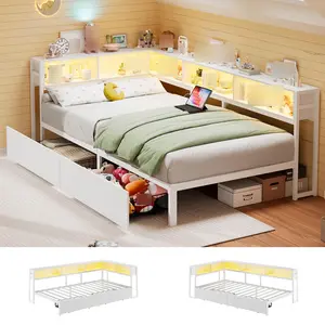 Twin Corner Bed Frame with Charging Station & LED Lights, Space-Saving Bed Platform with 2 Storage Drawers & Headboard for Teens Kids Guests Bedroom