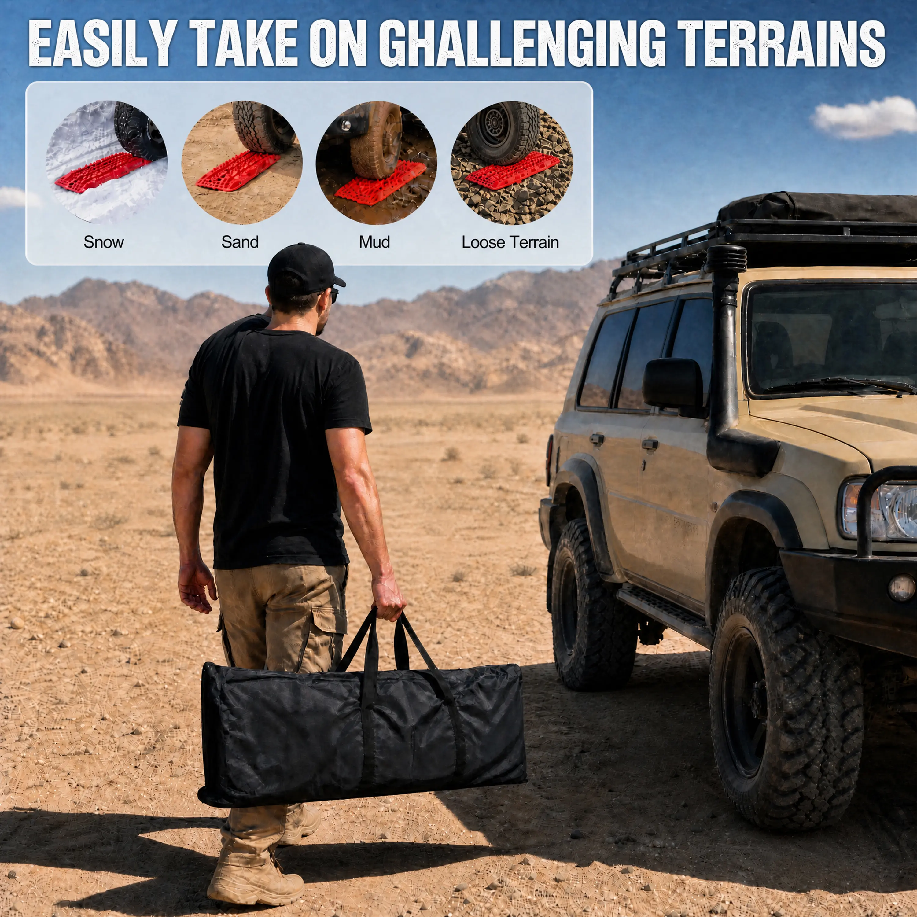 Off‑Road Traction Boards with Integrated Jack Base, Pair Recovery Tracks Tire Traction Mats for 4WD Mud, Sand, Snow and Rock, Heavy‑Duty Offroad Recovery Boards with Storage Bag for Truck, Jeep, SUV