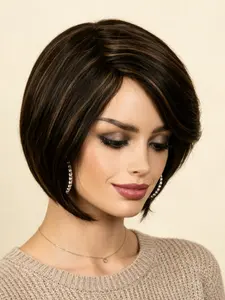 Lolely Dream P1b/30 Highlight Side Part Bob Human Hair Wig, Short Pixie Straight Cut with Bangs, Glueless Daily Hair Wig