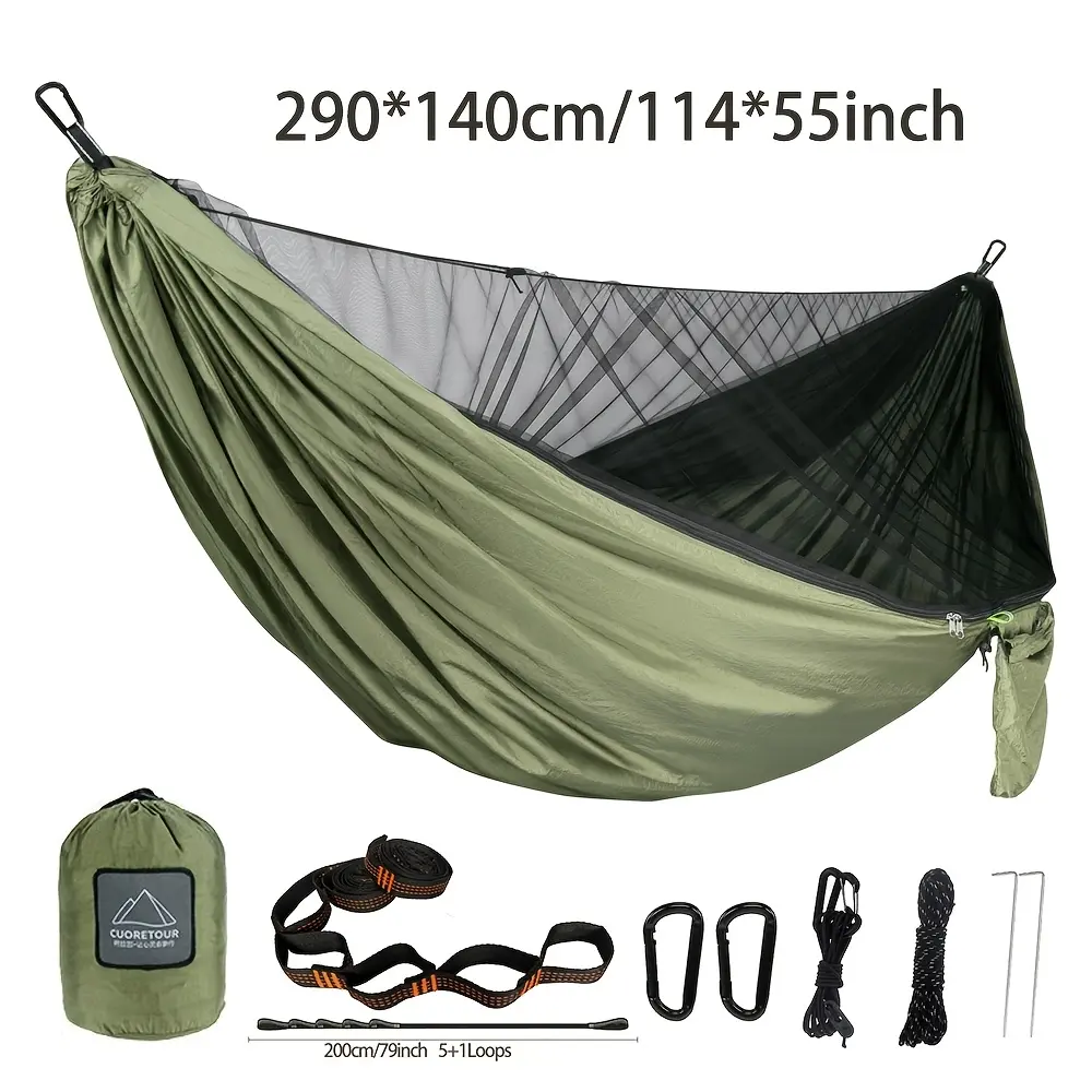 CUORETOUR Brand Genuine Outdoor Hammock with Mosquito Net, Mosquito-Proof, Insect-Proof, And Leaf-Proof, Using 210T Nylon Ultra-Light Fabric for Easy Carrying. Equipped with 2 Adjustable Hanging Point Straps. The Mosquito Net Can Automatically Pop U