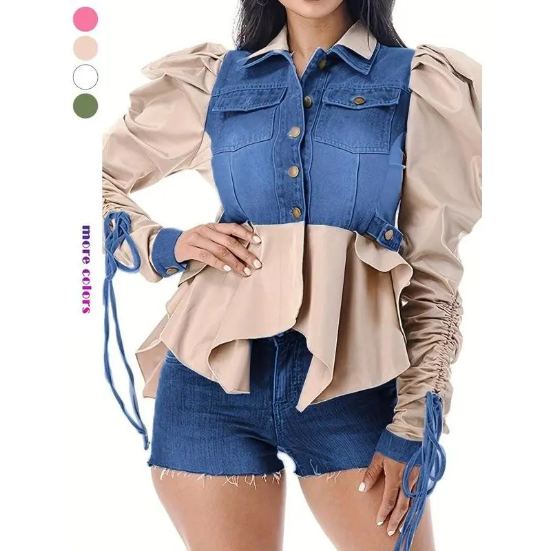 Women's Colorblock Ruched Knot Design Long Sleeve Button Front Blouse, Casual Leg-of-Mutton Sleeve Pocket Top for Spring & Fall, Women's Clothing