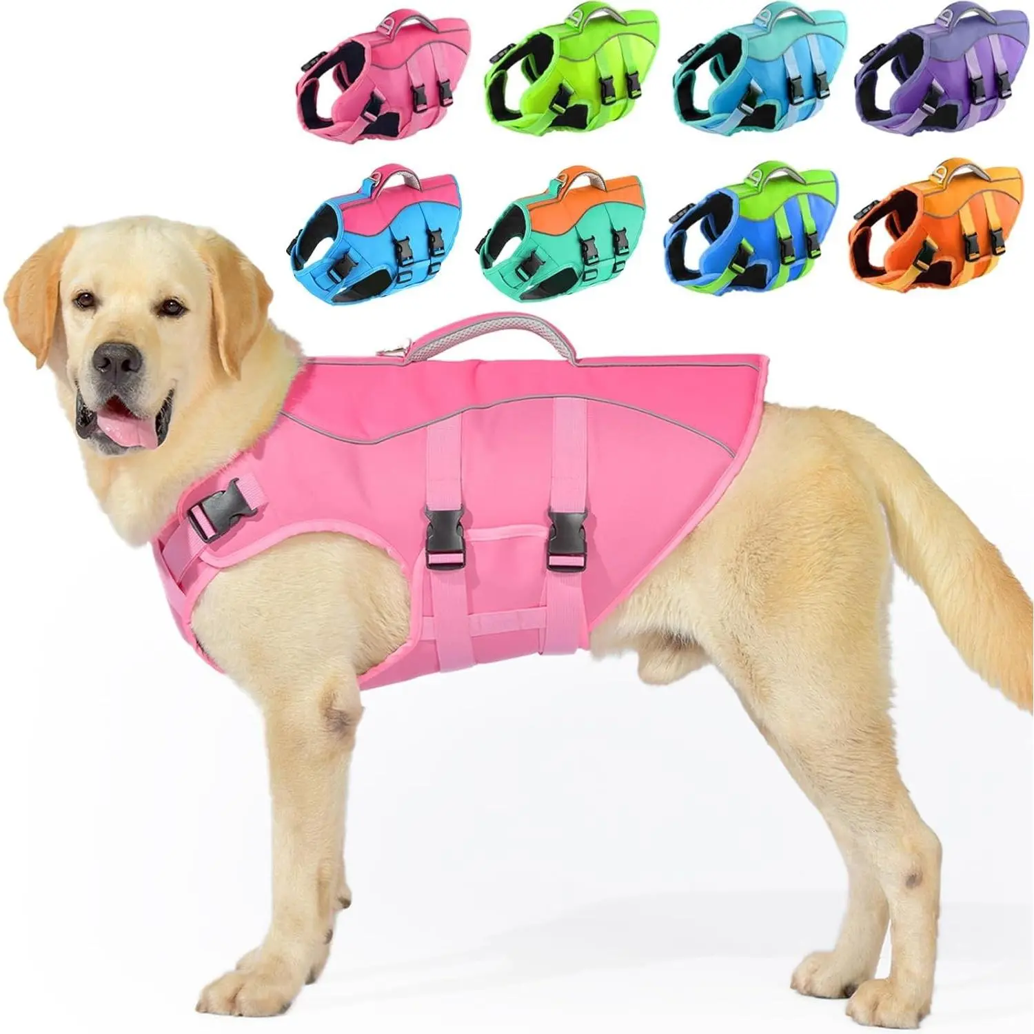 Multi-Size Adjustable Reflective Small Dog Life Jacket, High Floatation Vest with Superior Buoyancy, Rescue Handle for Swimming & Boating Safety