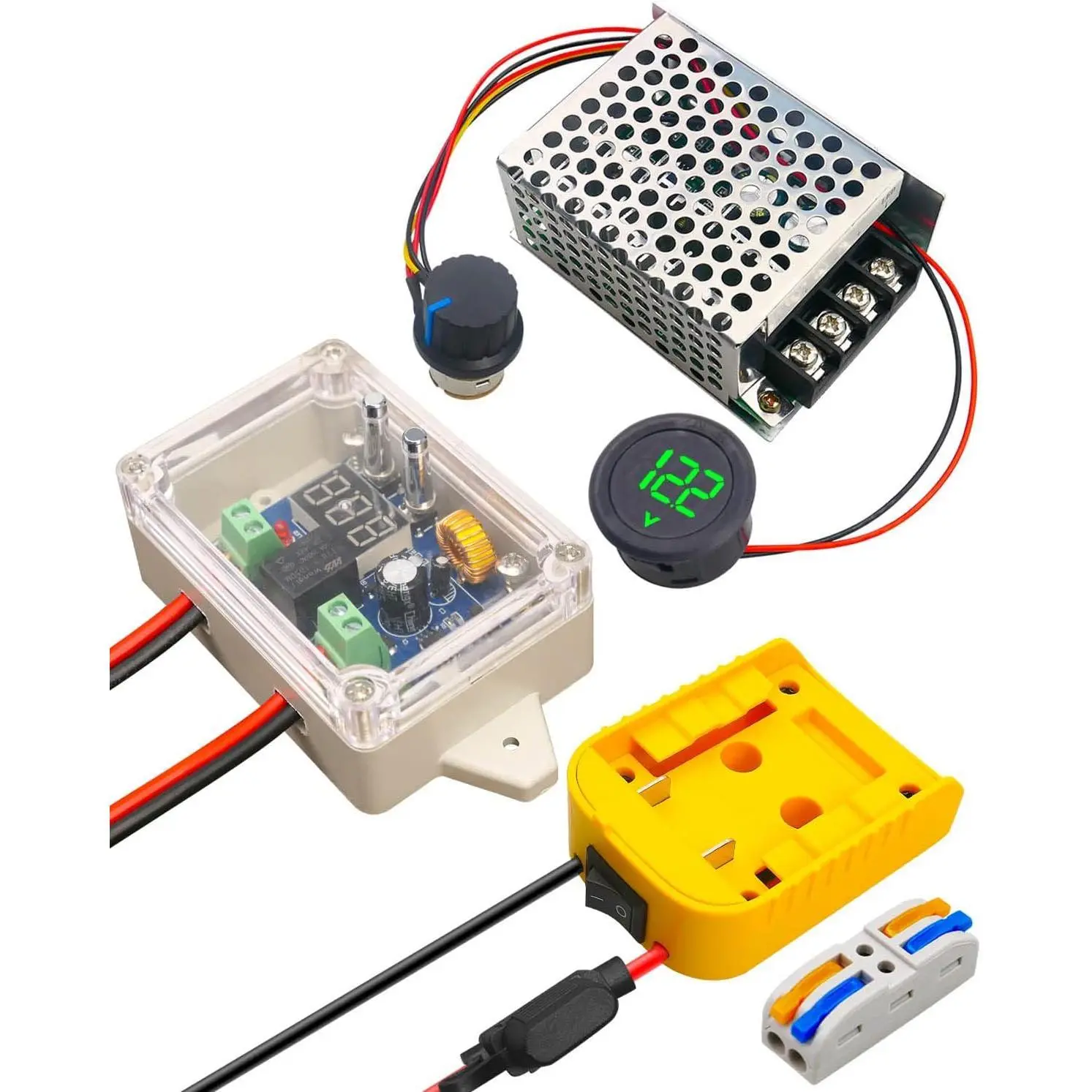 Ride On Car Battery Adapter Kit Fit for De Walt 18V 20V Battery | Battery Converter Kit with Speed Controller, Fuse, Wire Terminals, Protective Box, Voltage Display & Low Voltage Protection