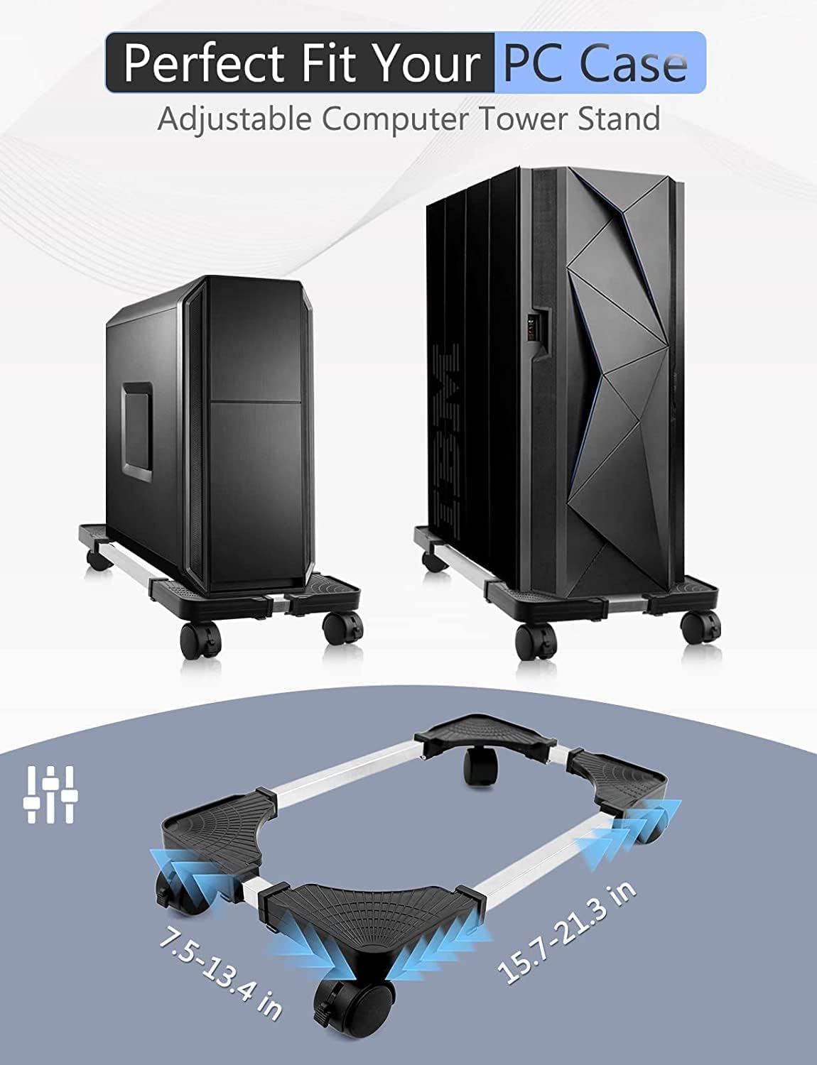 Computer Tower Stand, PC Stand, Adjustable Mobile CPU Stand with Rolling Wheels, PC Tower Stand for Floor Carpet Gaming PC Case, PC Riser for Gamers and Students