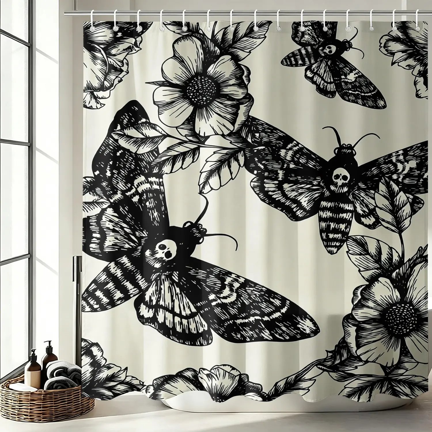 Butterfly & Skull & Flowers Pattern Decorative Shower Curtain, Waterproof Shower Curtain with 12pcs Hooks, Bathroom Accessories for Home Dormitory Hotel Salon