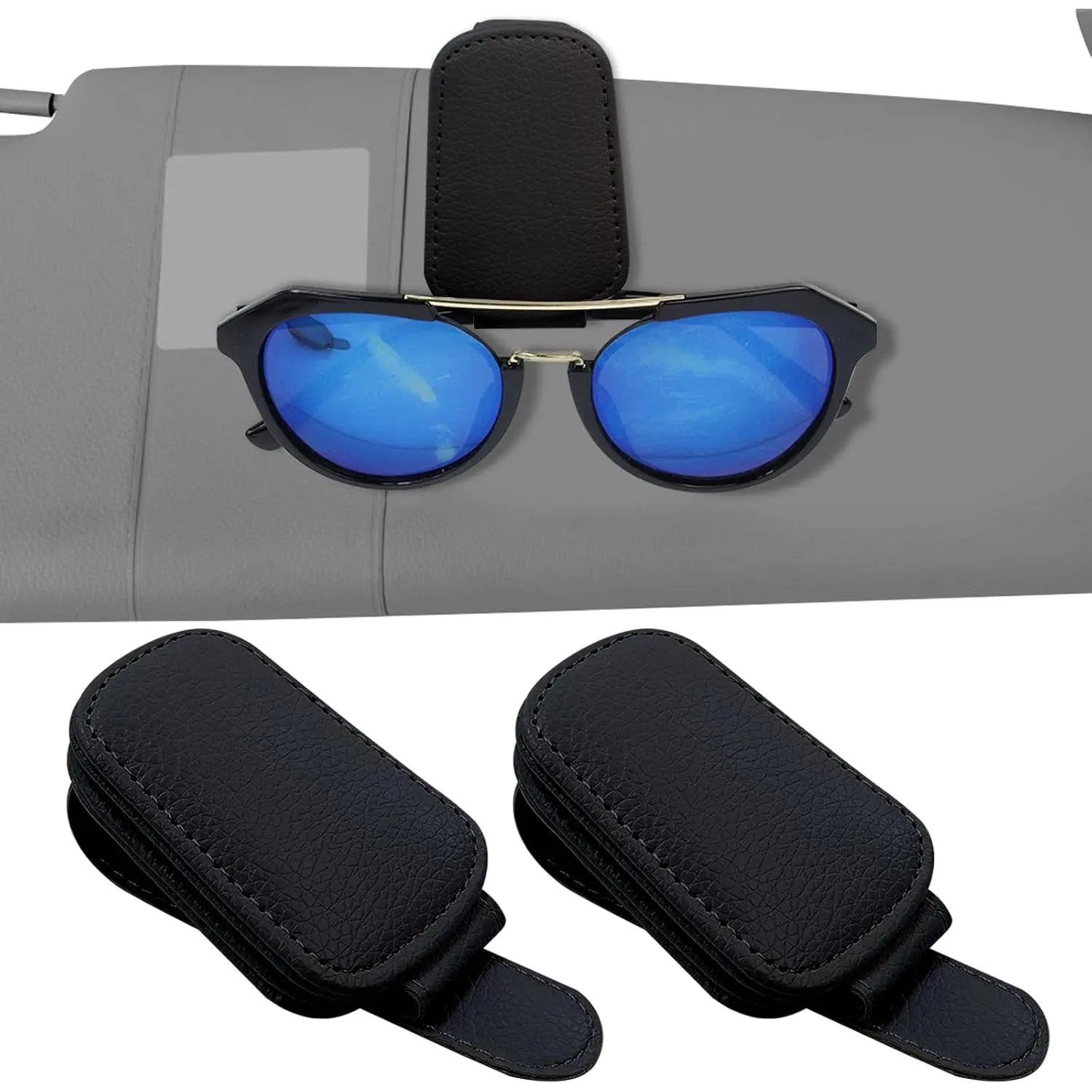 2-Pack  Sunglass Holder for  Visor - Suede (Black) |  Suede Wrapped,  Core,  Grip, Clip to Visor, Holds Eyewear/Cards, Fits