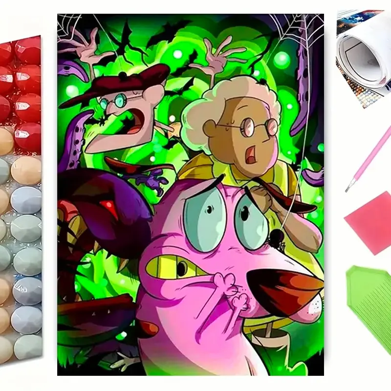 DIY Diamond Painting Kit Scared Pink Cartoon Dog Spooky Horror Scene, Wall Art Decor for Living Room Bedroom, Handmade DIY Leisure Craft, Halloween Festival Home Decoration & Gift, Handicraft