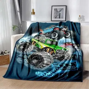 Monster Jam Monster Truck Cartoon Flannel Blanket, Soft warm lightweight blankets, cooling blankets, bedding, bed accessories, Sofa Bed Throw Picnic Gift For Boys Truck Fans