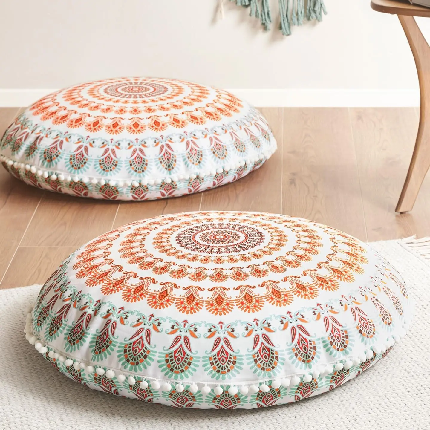 Floor Pillows for Adults Set of 2 Large Boho Meditation Cushions with Memory Foam Round Mandala Seating for Outdoor Yoga and Living Room Washable 32 Inch Coral