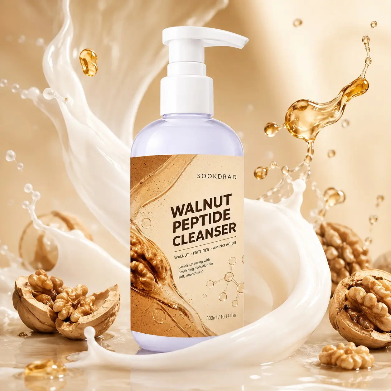 Walnut Peptide Cleanser, contains walnut, peptides, amino acids, gentle cleansing, nourishing hydration, soft smooth skin, for face, 300ml/10.14fl oz